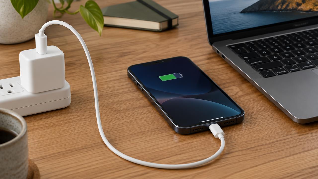 Celular carregando com cabo USB-C ao lado de um notebook na mesa