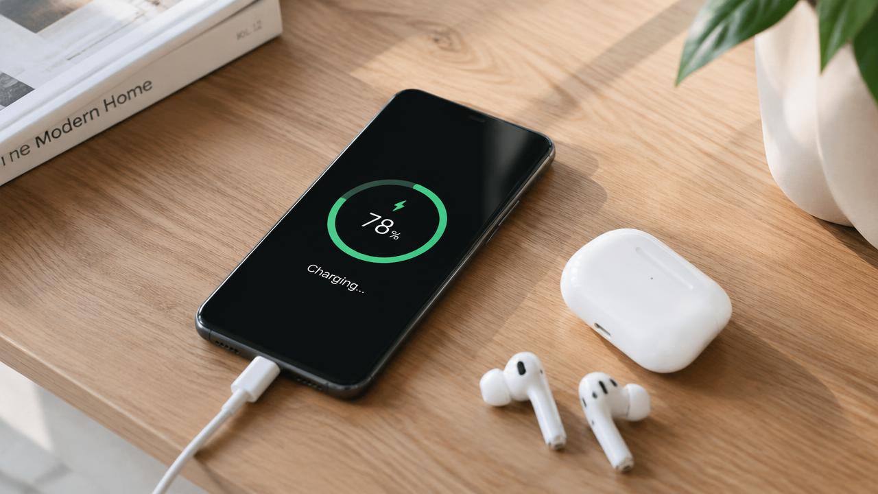 Smartphone carregando sobre mesa ao lado de fones sem fio