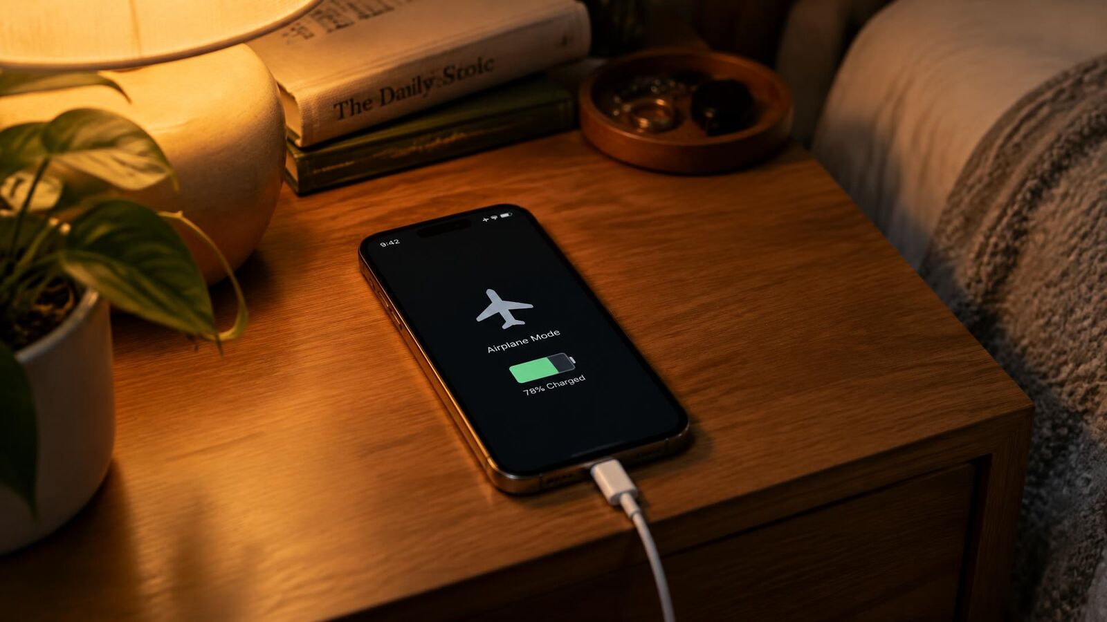 Smartphone carregando sobre criado-mudo com o modo avião ativado na tela
