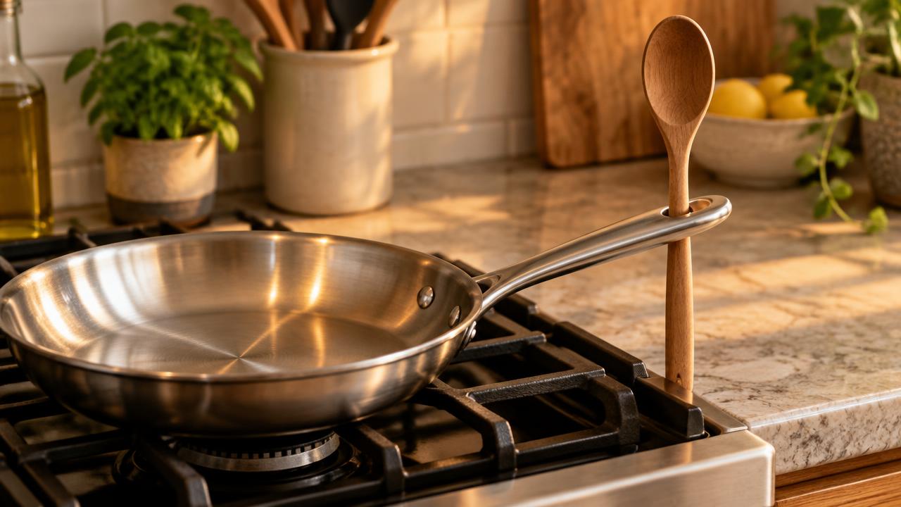 Frigideira de inox no fogão com colher de pau encaixada no furo do cabo