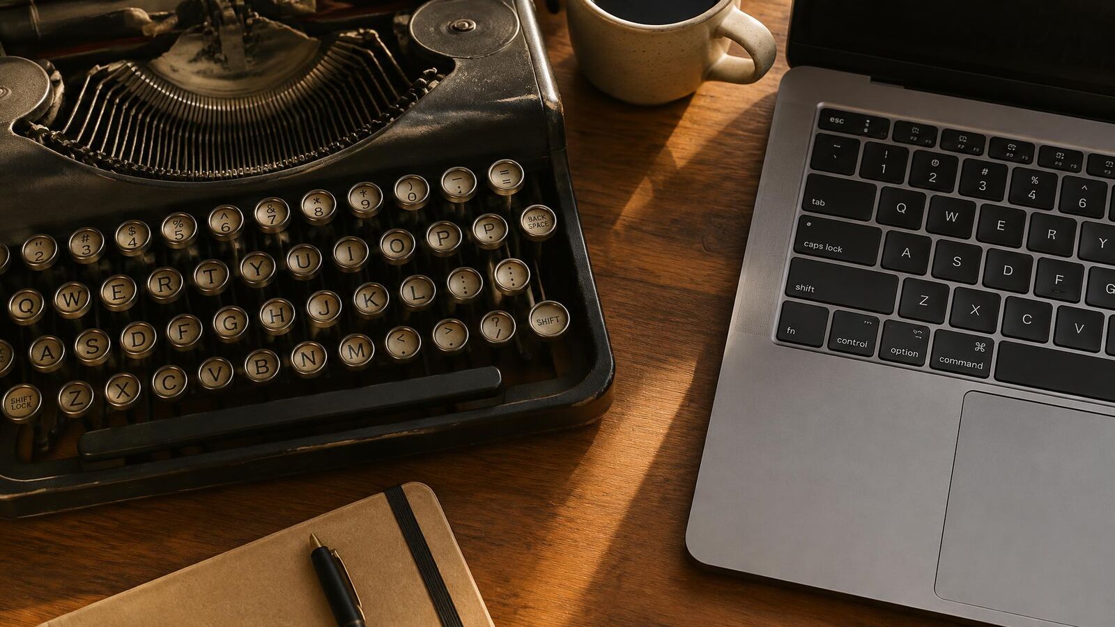 Máquina de escrever antiga ao lado de um notebook com teclado QWERTY