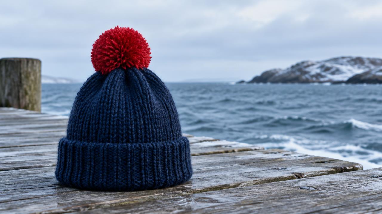 Touca de lã azul-marinho com pom-pom vermelho sobre um píer à beira-mar